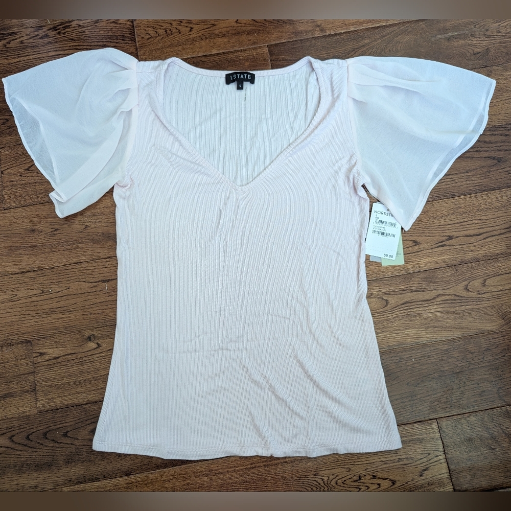 NWT Pale Pink V-neck Short Sleeve Top W/ Sheer Flutter Sleeves 1.State Size S